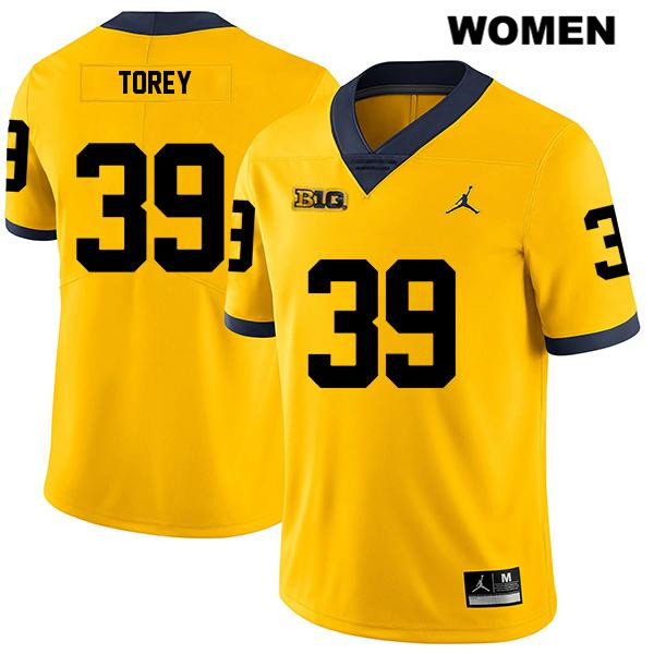 Women's NCAA Michigan Wolverines Matt Torey #39 Yellow Jordan Brand Authentic Stitched Legend Football College Jersey AT25K31ZP
